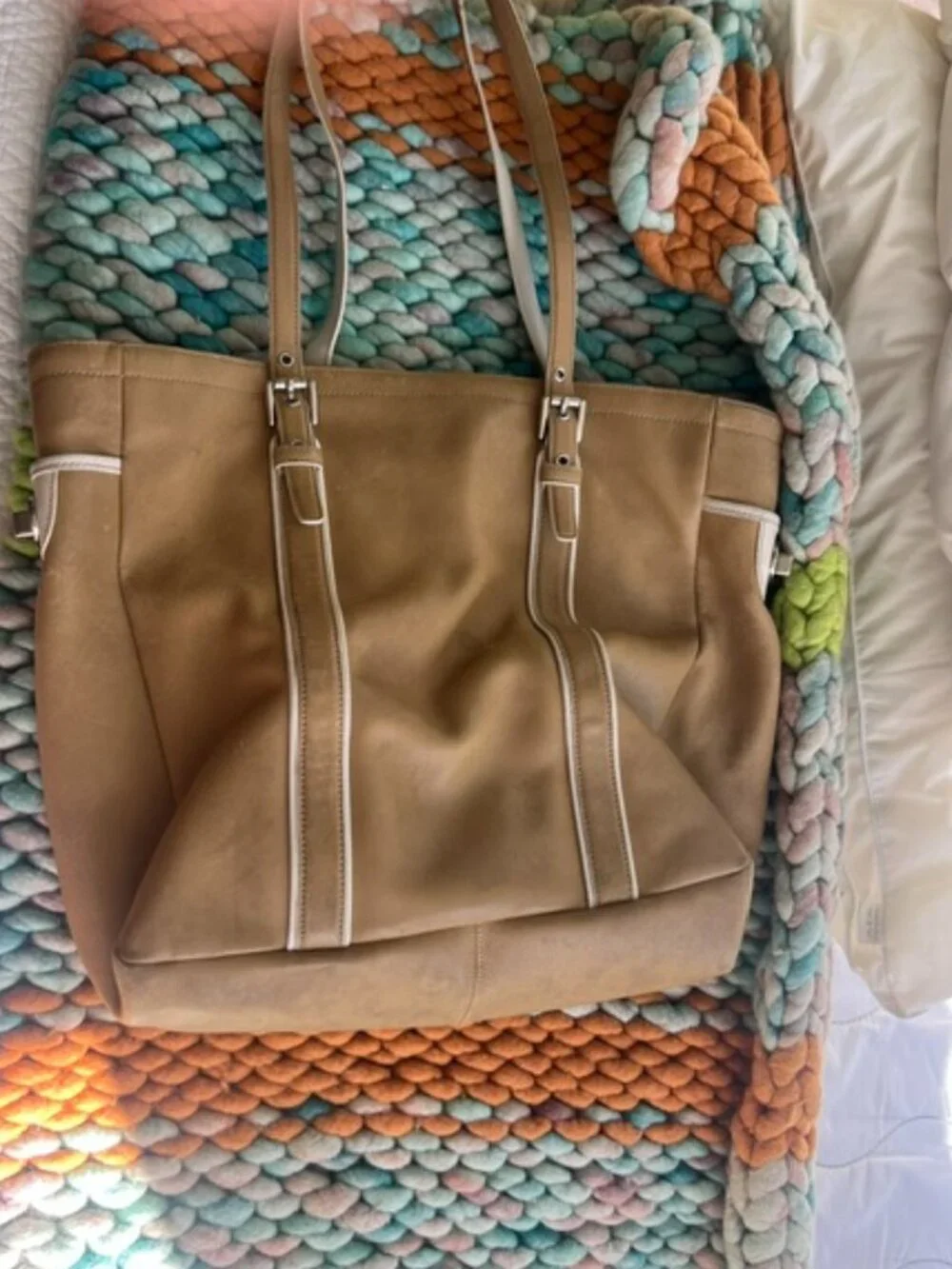 Vintage Coach Tan & White Trim Tote Bag